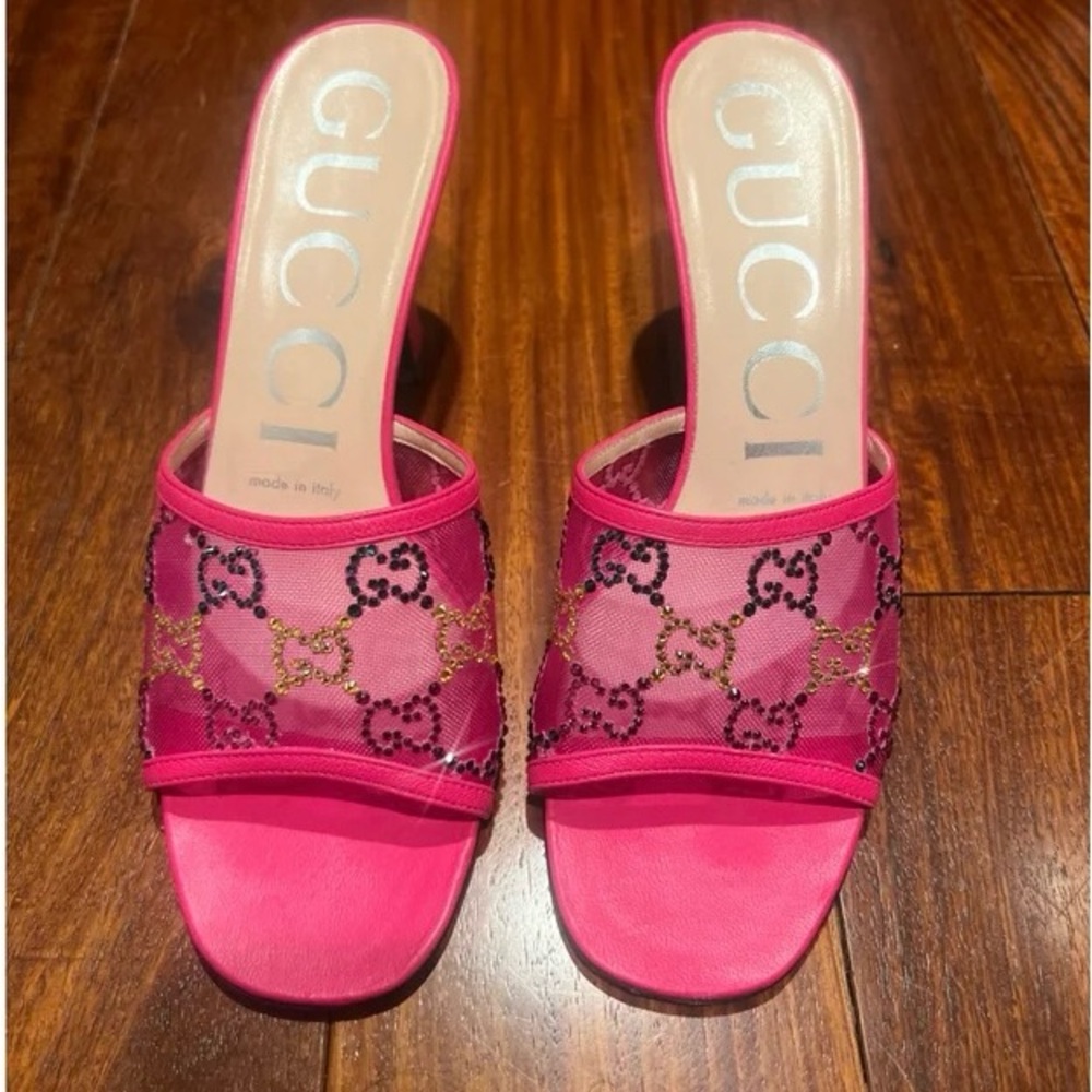 Gucci kitten heel mesh rhinestone mules
